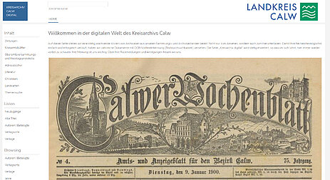 Startseite der Digitalen Sammlungen des Kreisarchiv Calw